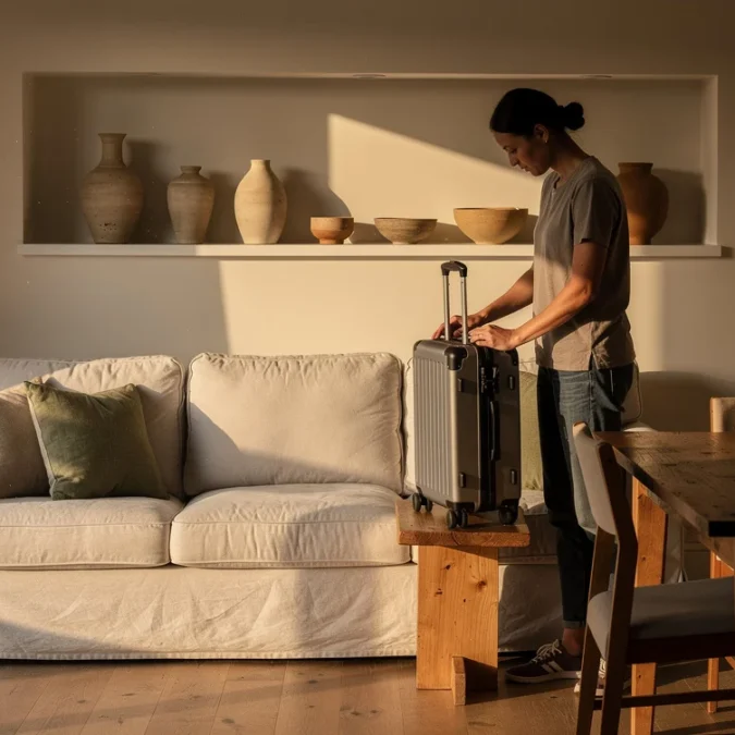 Editorial photograph of a thoughtfully furnished short-term vacation rental at late-afternoon check-in: a guest sets.