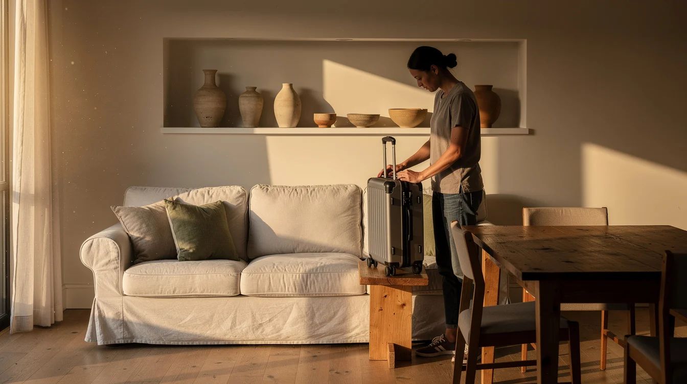 Editorial photograph of a thoughtfully furnished short-term vacation rental at late-afternoon check-in: a guest sets.
