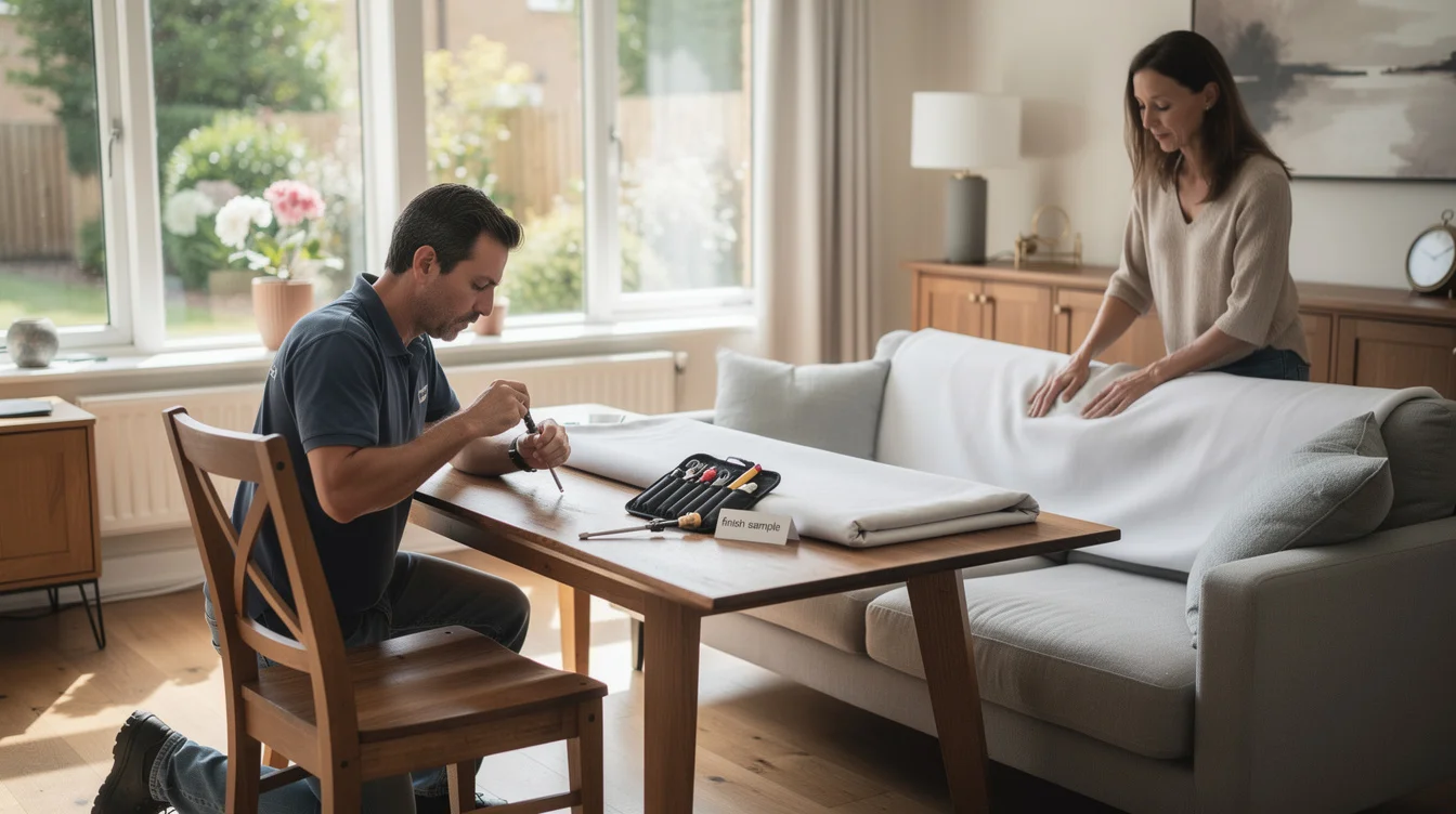 Editorial photograph inside a vacation rental between bookings, showing a furniture repairer tightening the accessible underside.