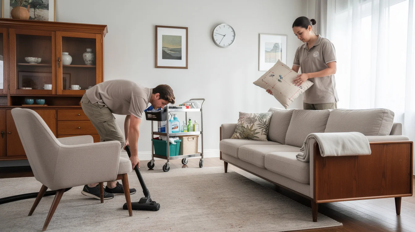 Editorial photograph of a paid cleaning team resetting a design-led vacation rental before afternoon arrivals. One.