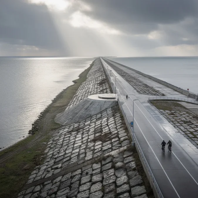 Editorial photograph from an elevated viewpoint on a Dutch coastal dam between the Wadden Sea.