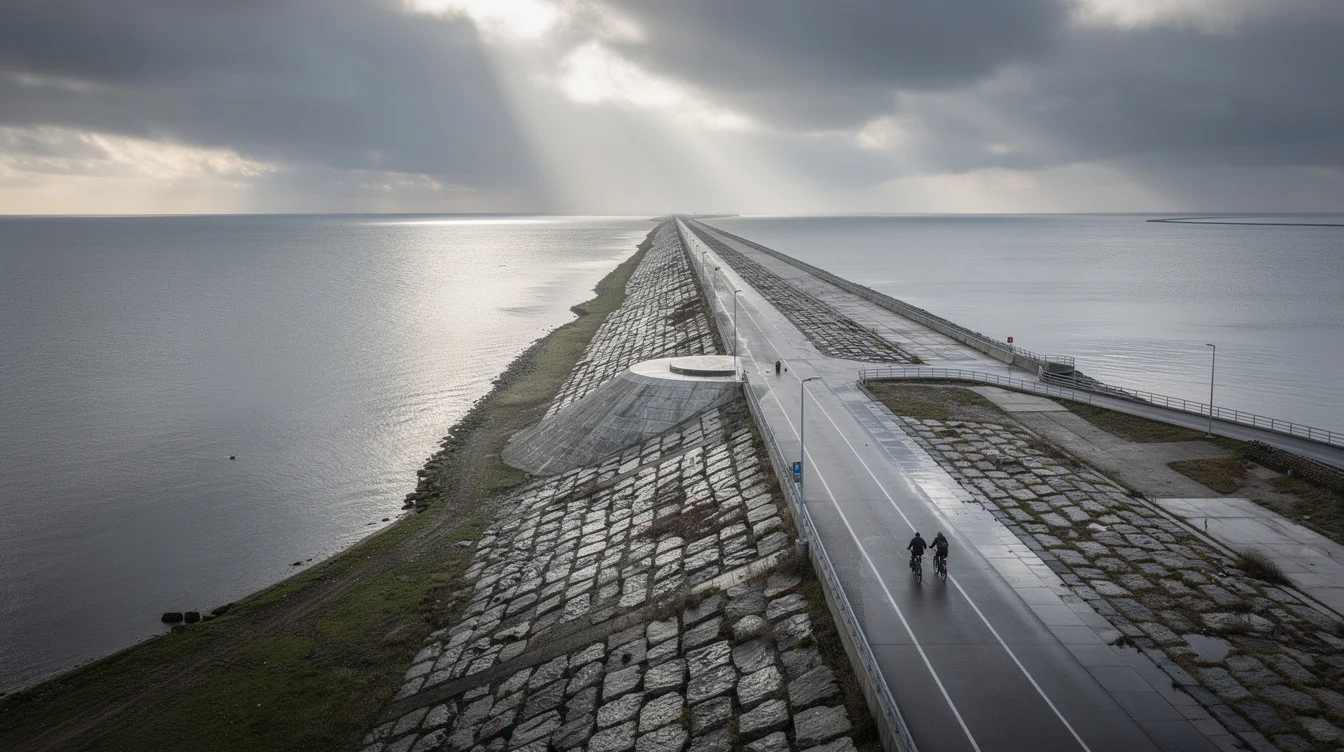 Editorial photograph from an elevated viewpoint on a Dutch coastal dam between the Wadden Sea.
