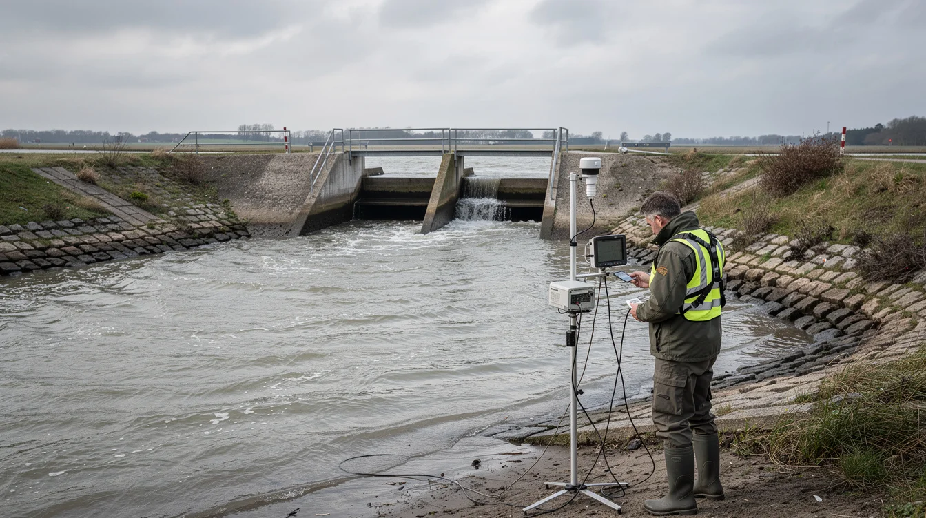 Editorial photograph beside a managed fish-migration channel on the Dutch Wadden Sea coast, with a field.