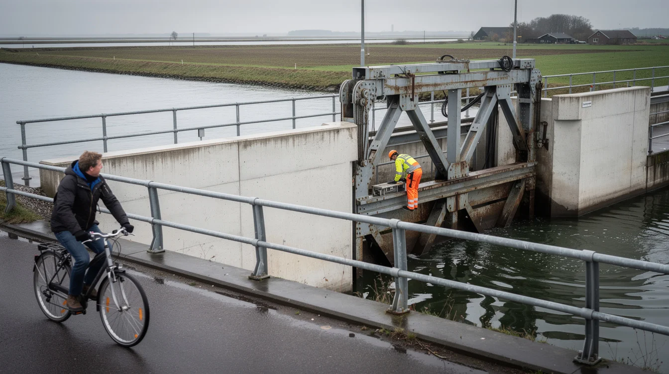 Editorial photograph at a Dutch coastal water-control structure near the IJsselmeer, viewed from a public cycle.