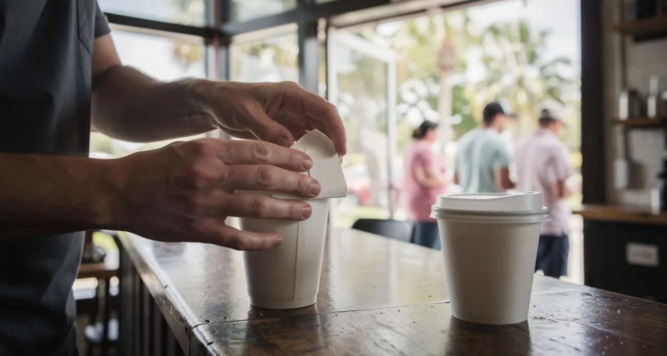 Editorial photograph inside a small Florida coffee shop at morning rush, a barista’s hands folding.