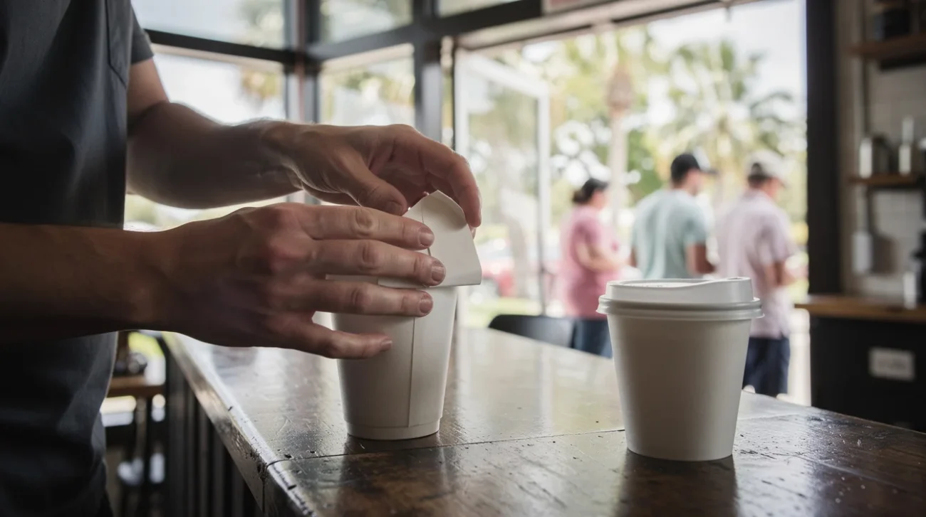 Editorial photograph inside a small Florida coffee shop at morning rush, a barista’s hands folding.