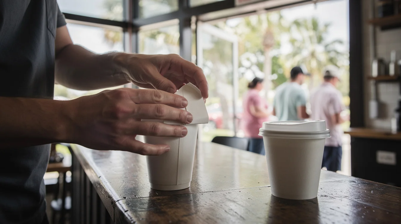 Editorial photograph inside a small Florida coffee shop at morning rush, a barista’s hands folding.