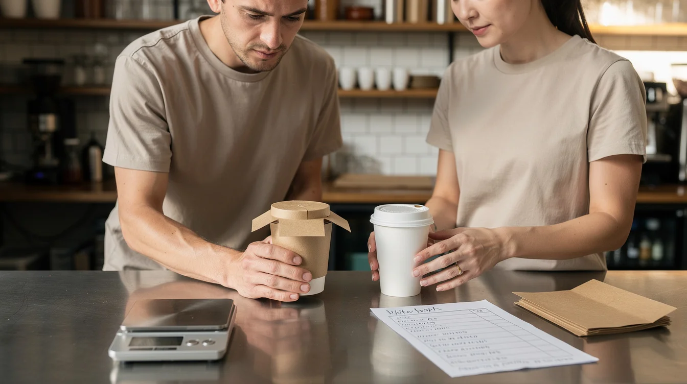 Documentary editorial photograph of a café packaging trial: two staff members compare a paper cup.