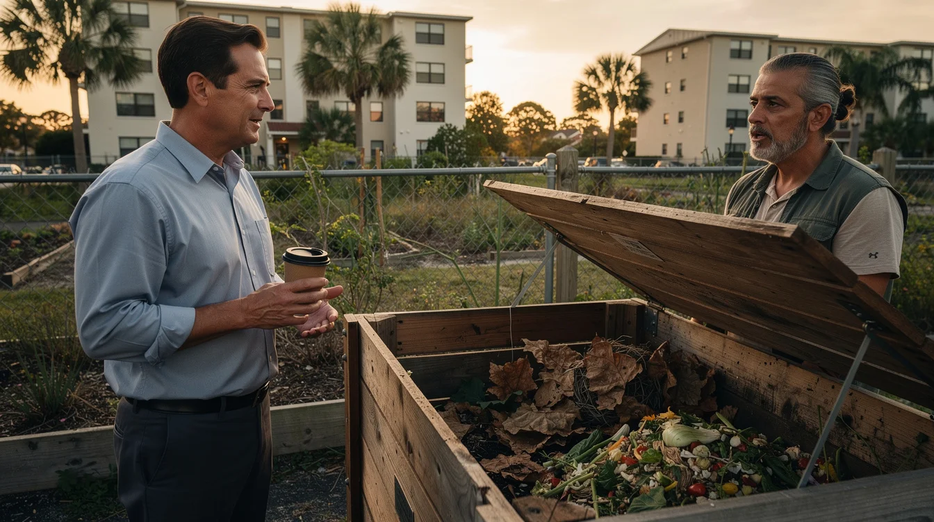 Editorial photograph in a modest Florida community garden, a commuter holding an empty folding-lid paper takeaway.