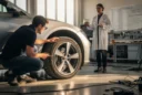 Editorial photograph in a Dutch university automotive workshop, a student engineer crouching beside the exposed wheel.