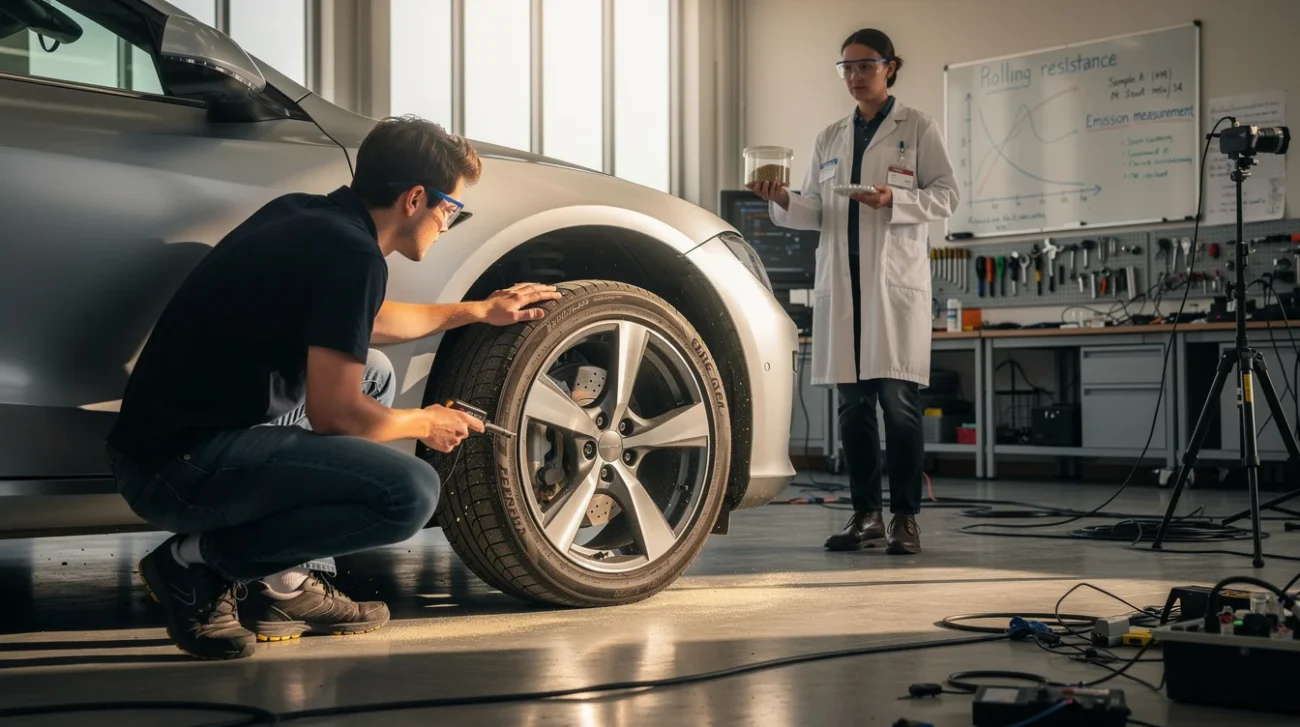 Editorial photograph in a Dutch university automotive workshop, a student engineer crouching beside the exposed wheel.