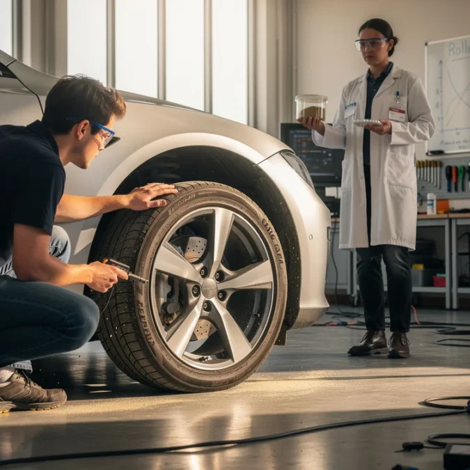 Editorial photograph in a Dutch university automotive workshop, a student engineer crouching beside the exposed wheel.