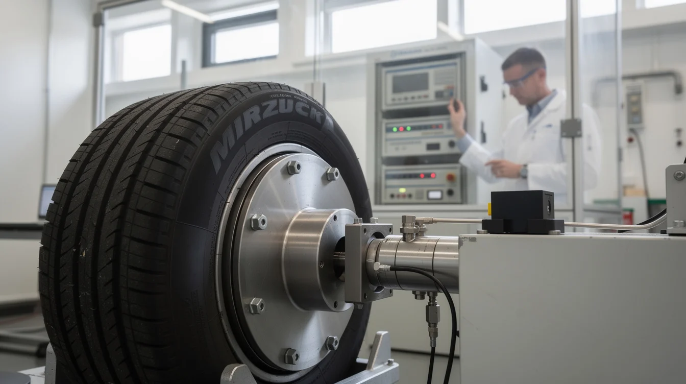 Close editorial photograph of a tyre-abrasion research setup in a Dutch engineering laboratory: a full-size vehicle.