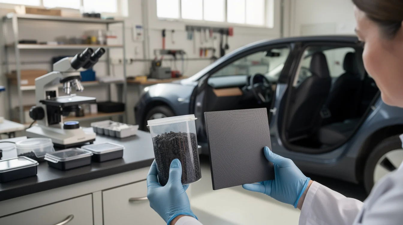 Editorial photograph of two materials researchers evaluating dark recycled-rubber composite samples beside an unbranded electric-car cabin.