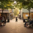 Editorial photograph of a pedestrianised downtown street in a mid-sized North American city, brick paving beneath.
