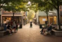 Editorial photograph of a pedestrianised downtown street in a mid-sized North American city, brick paving beneath.