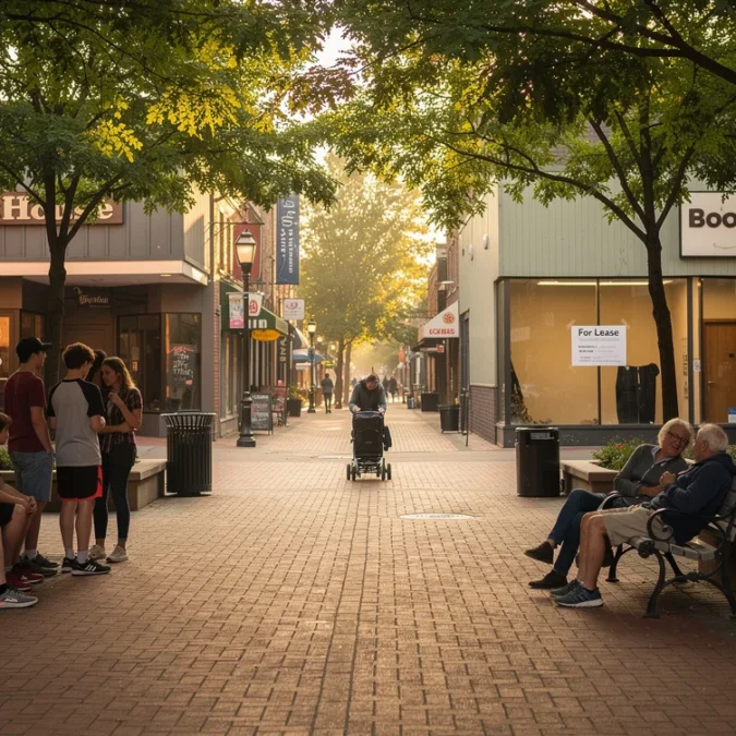 Editorial photograph of a pedestrianised downtown street in a mid-sized North American city, brick paving beneath.