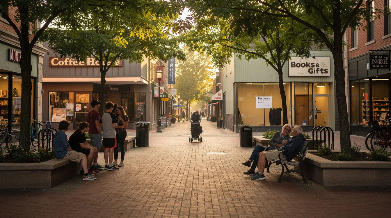 Editorial photograph of a pedestrianised downtown street in a mid-sized North American city, brick paving beneath.
