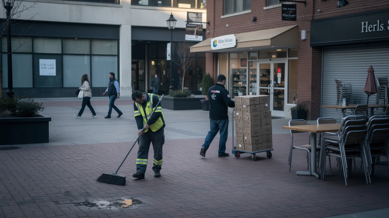 Editorial photograph of a North American downtown pedestrian mall early on a weekday morning, a maintenance.