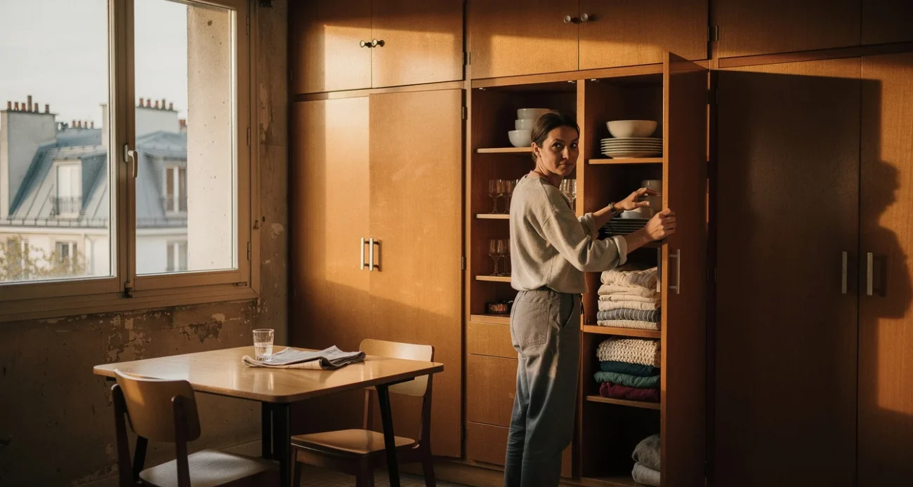 Editorial photograph of an inhabited apartment in a 1960s Paris residential tower, exploring the integrated furniture.