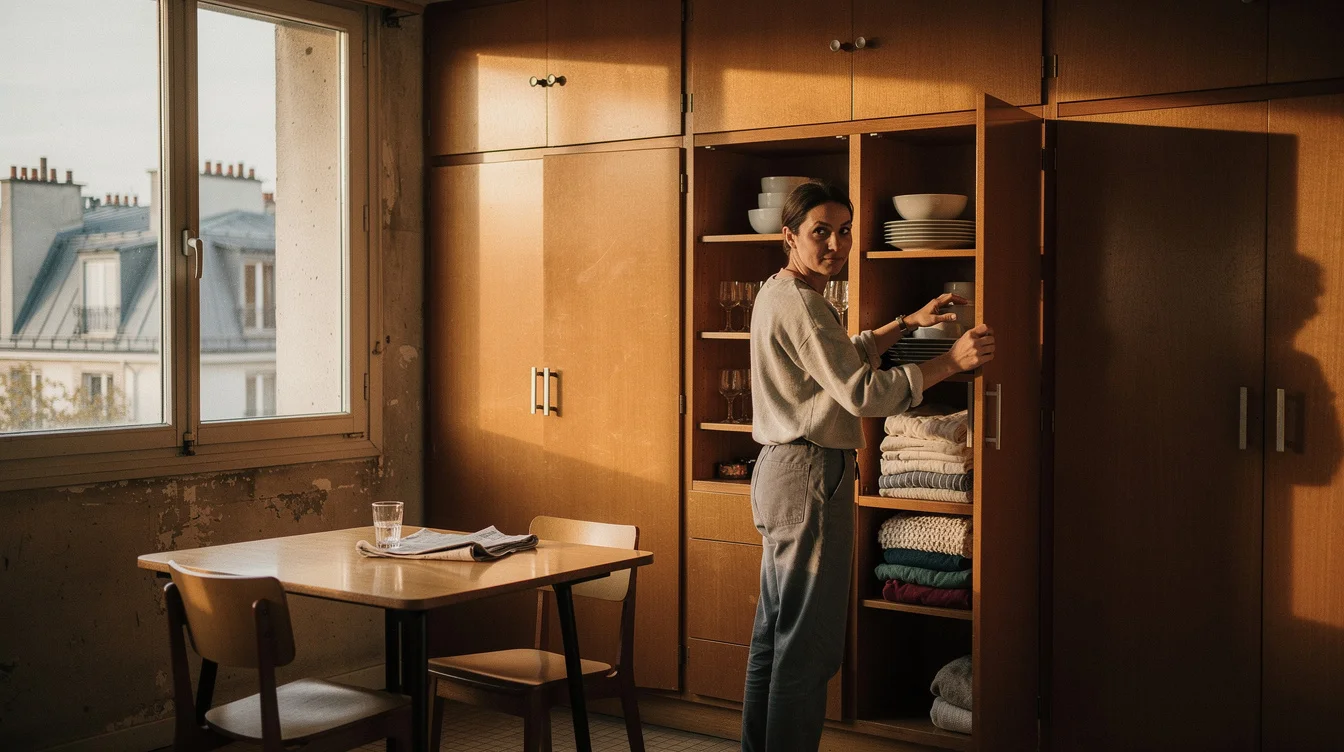 Editorial photograph of an inhabited apartment in a 1960s Paris residential tower, exploring the integrated furniture.