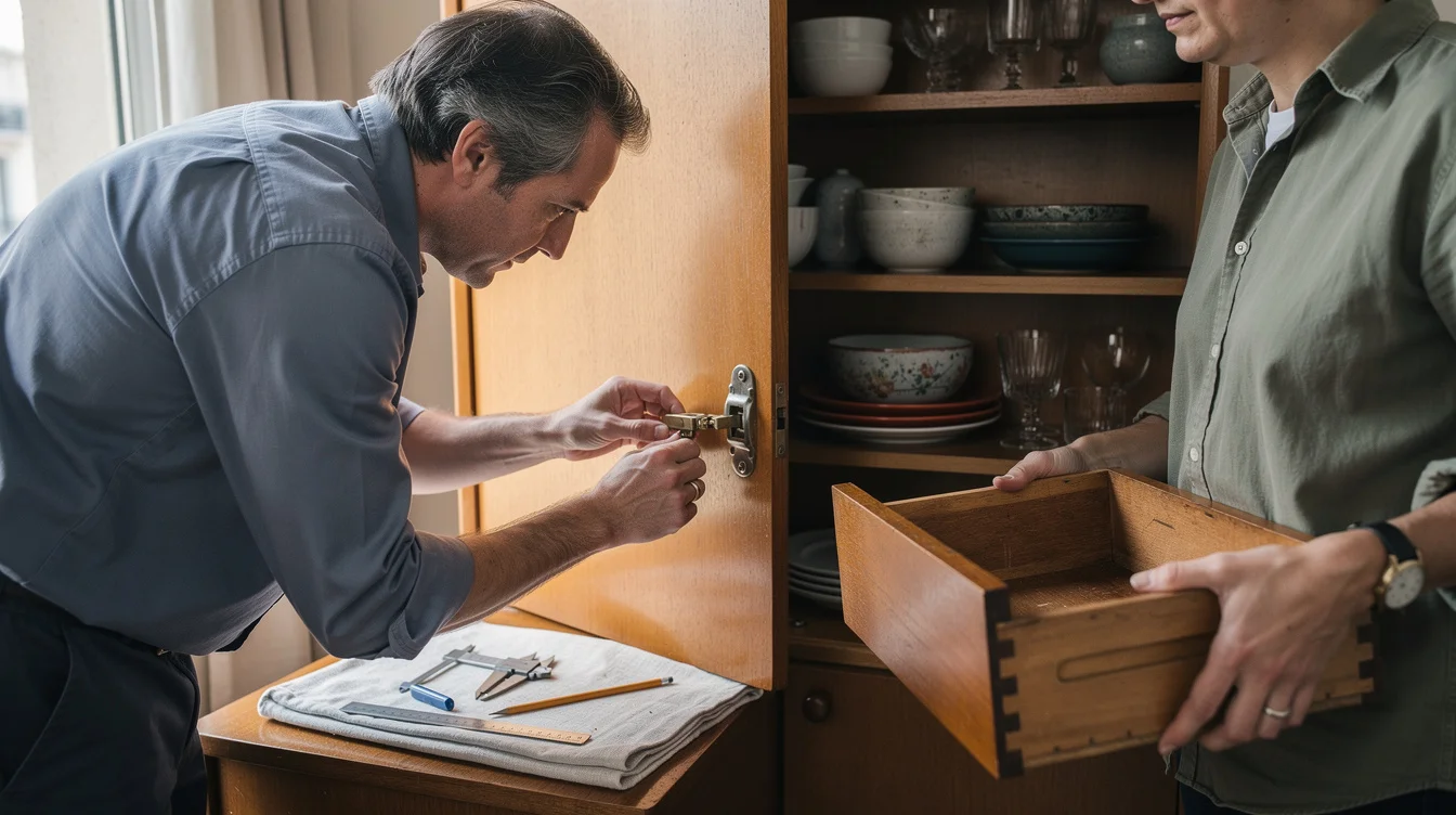 Editorial close photograph inside a mid-century Paris high-rise apartment: a furniture conservator examines the hinge.