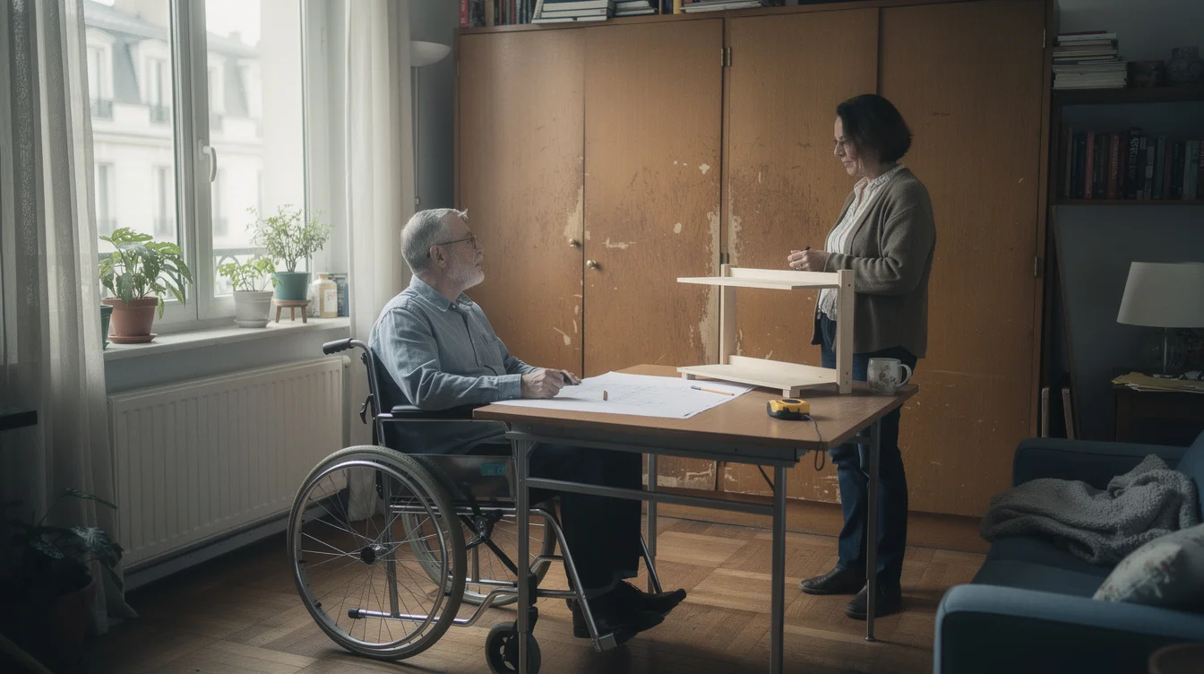 Editorial photograph of a resident using a wheelchair and an interior architect reviewing storage access.