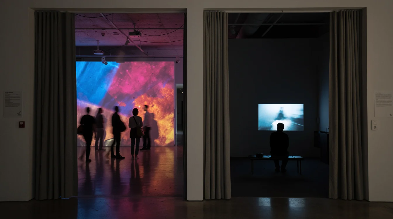 Editorial photograph inside a contemporary art museum, looking across a deep doorway between an immersive projection.