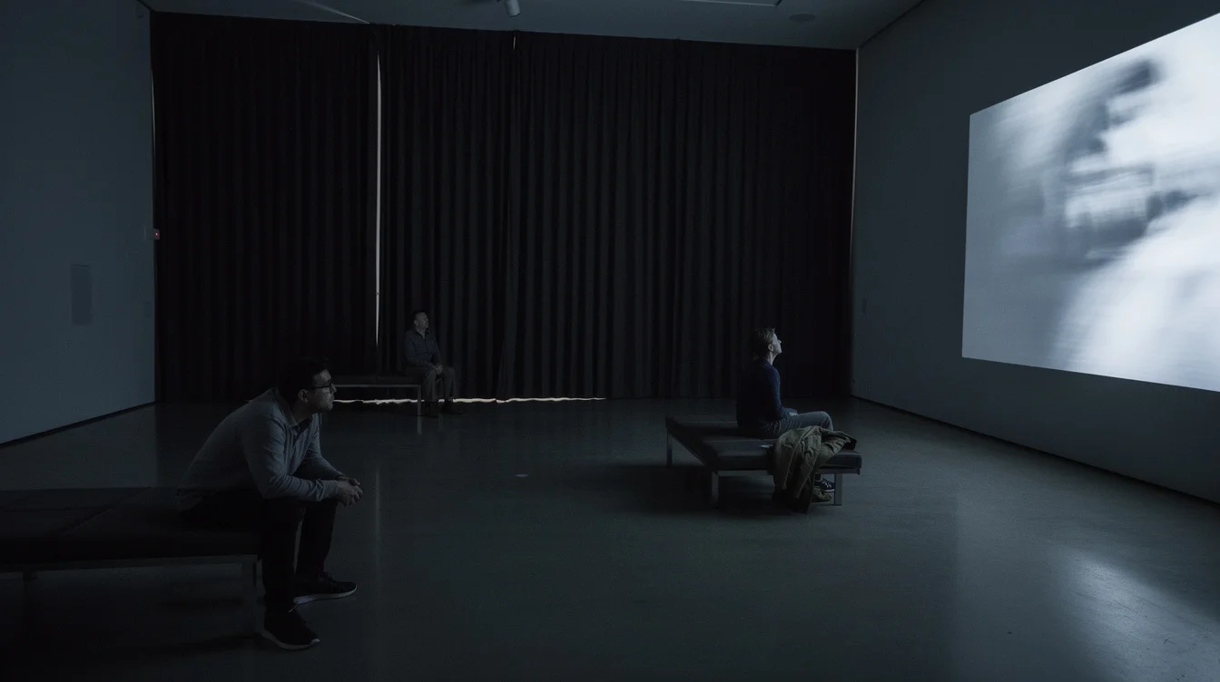 Editorial photograph of a long-duration moving-image installation in a dark contemporary museum gallery. Three visitors sit.