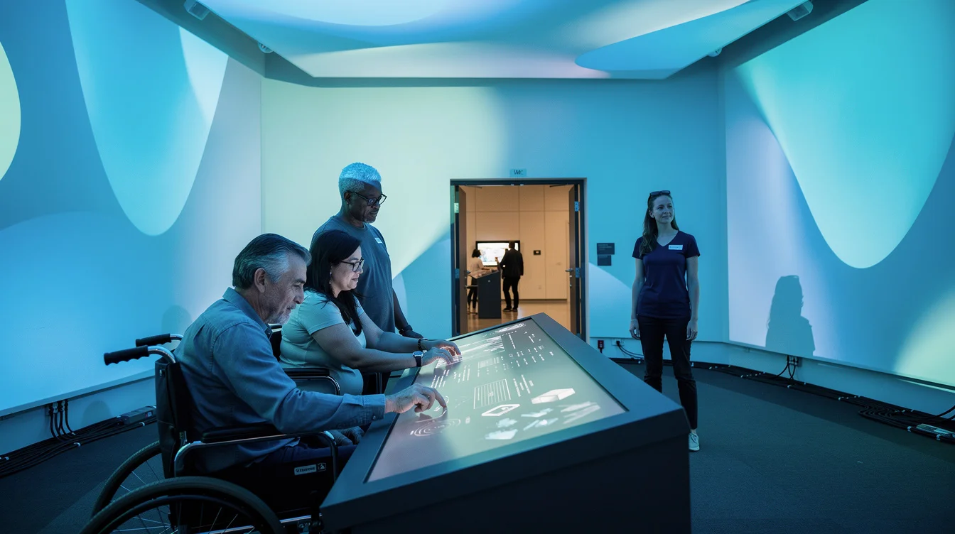 Editorial photograph in an interactive museum gallery showing a wheelchair user and a standing companion exploring.