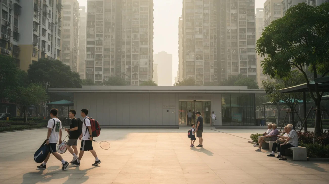 Editorial photograph of a neighborhood civic forecourt in Shenzhen’s Nanshan district, dense residential towers rising behind.