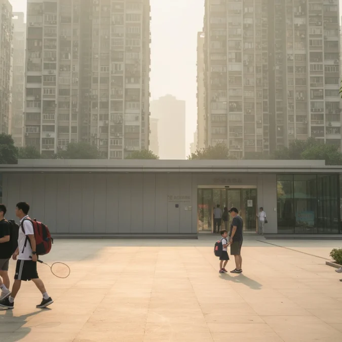 Editorial photograph of a neighborhood civic forecourt in Shenzhen’s Nanshan district, dense residential towers rising behind.