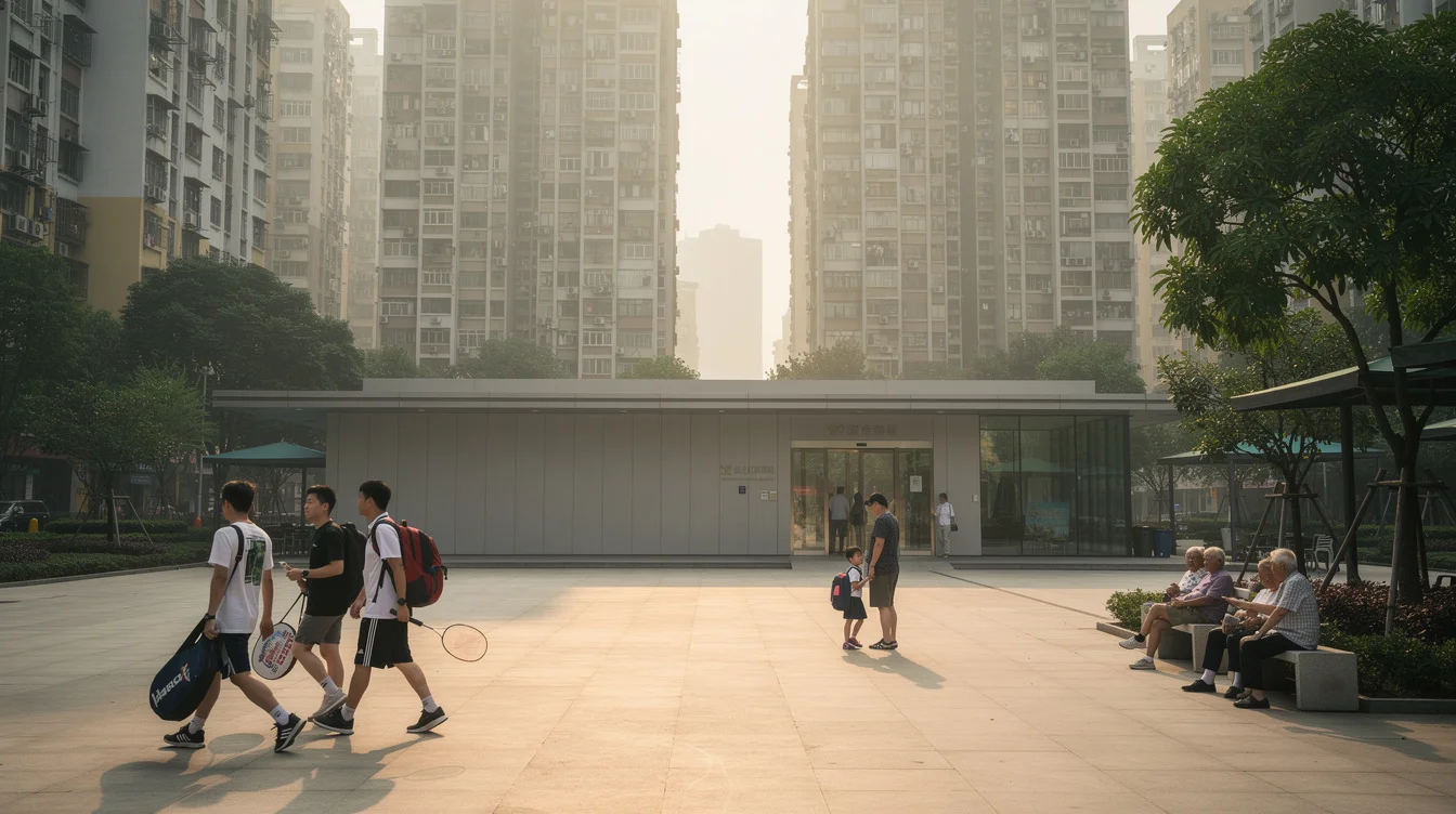Editorial photograph of a neighborhood civic forecourt in Shenzhen’s Nanshan district, dense residential towers rising behind.