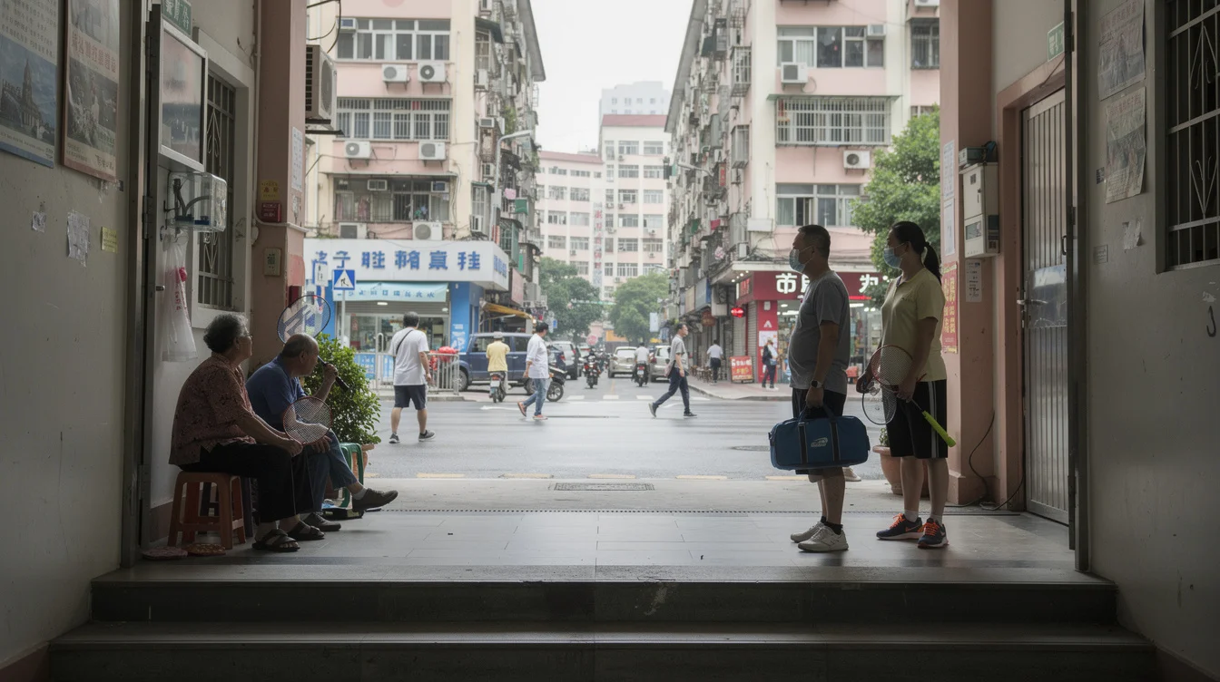 Ground-level editorial photograph at a sheltered public entrance in Shenzhen’s Yuehai community, with school buildings.