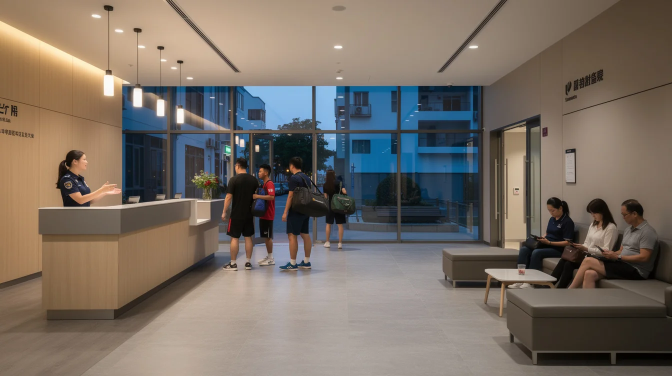 Editorial interior photograph of a contemporary neighborhood culture and sports facility in Nanshan, Shenzhen, during.