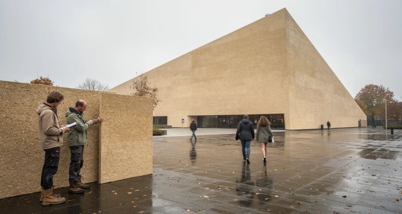 Editorial photograph of a contemporary wedge-shaped cultural building in Eindhoven, its hempcrete envelope finished with earthy.