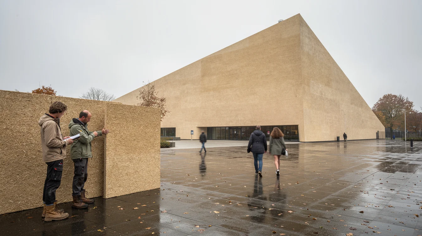 Editorial photograph of a contemporary wedge-shaped cultural building in Eindhoven, its hempcrete envelope finished with earthy.