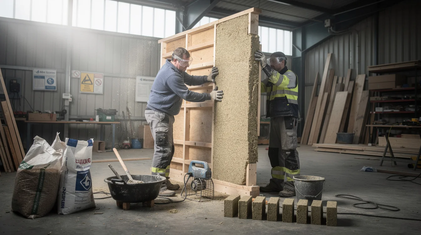 Editorial photograph inside a Dutch construction training workshop, where two installers wearing gloves, eye protection.
