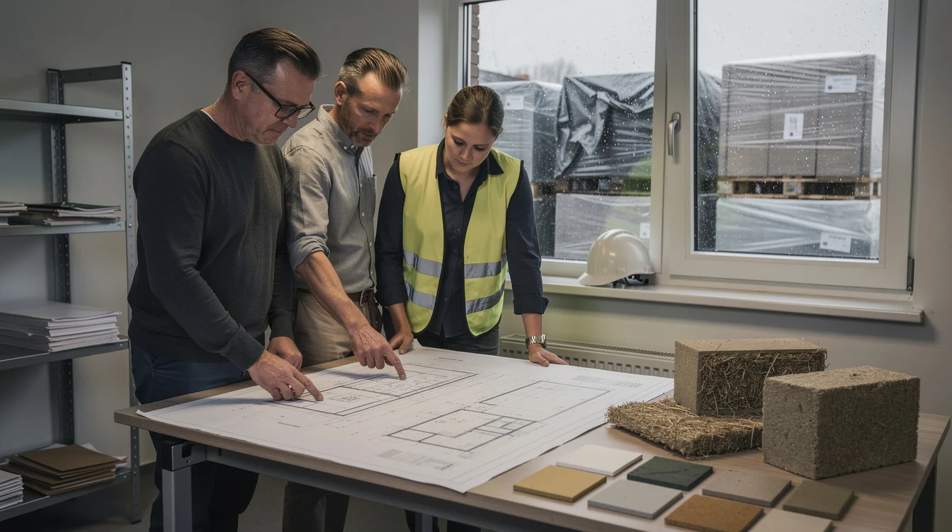 Editorial photograph in a modest contractor's site office in Eindhoven: an architect, estimator and site supervisor.