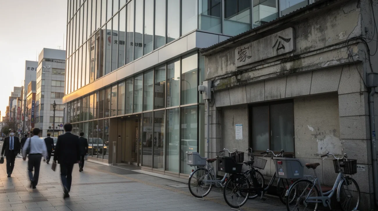 Editorial street photograph in Tokyo’s Yaesu district, looking along a busy pavement where a contemporary office.