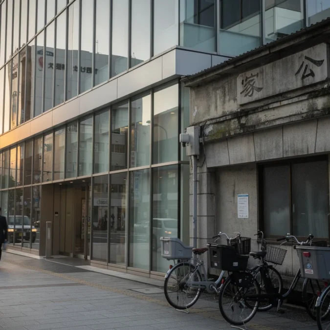 Editorial street photograph in Tokyo’s Yaesu district, looking along a busy pavement where a contemporary office.