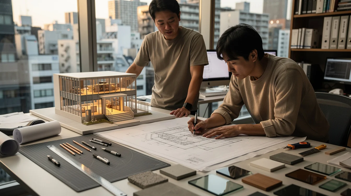 Editorial photograph inside a Tokyo architecture studio, where two designers compare archival architectural drawings with.