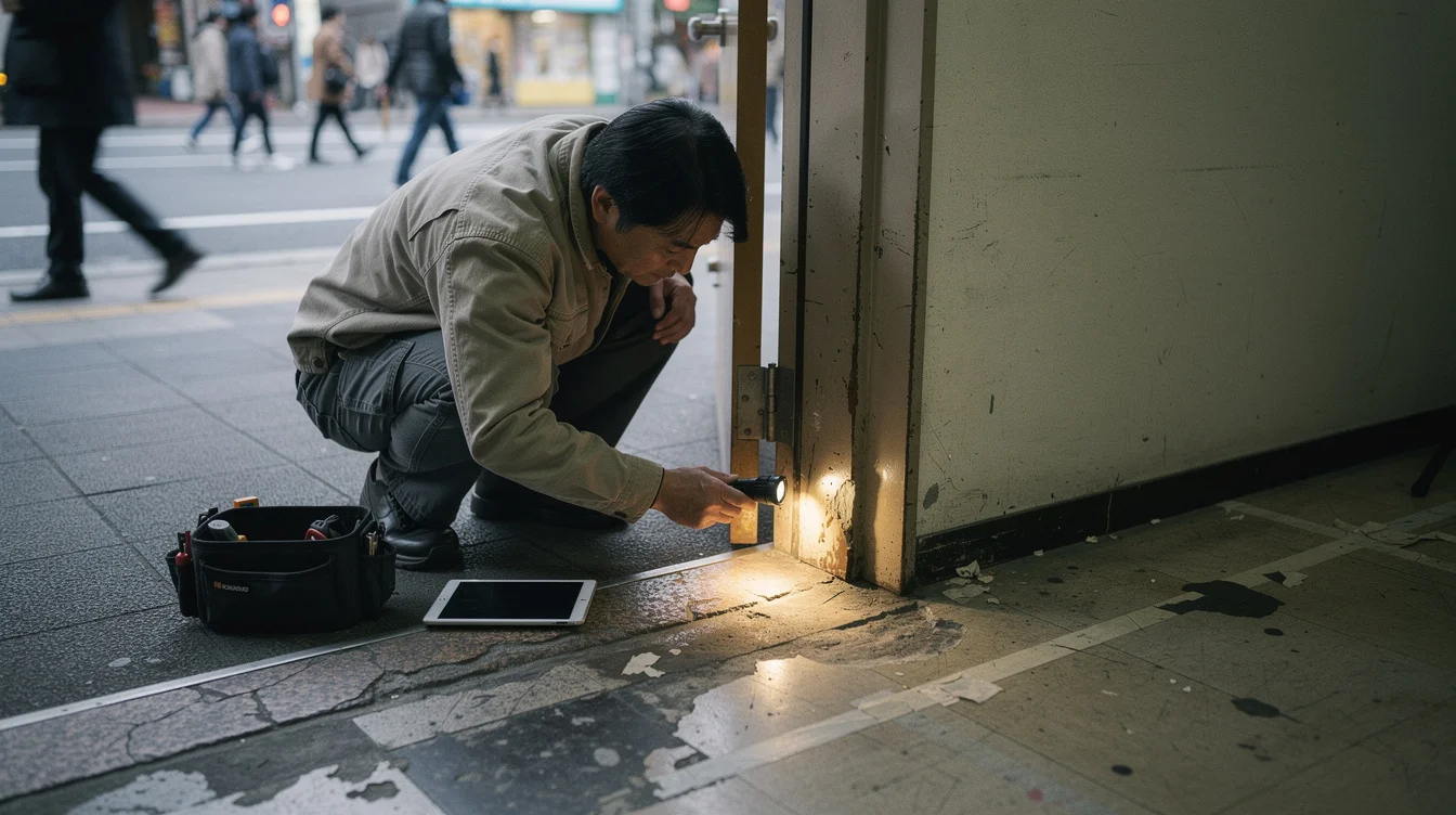 Editorial photograph of a conservation specialist examining a weathered stone threshold in an older Tokyo office.