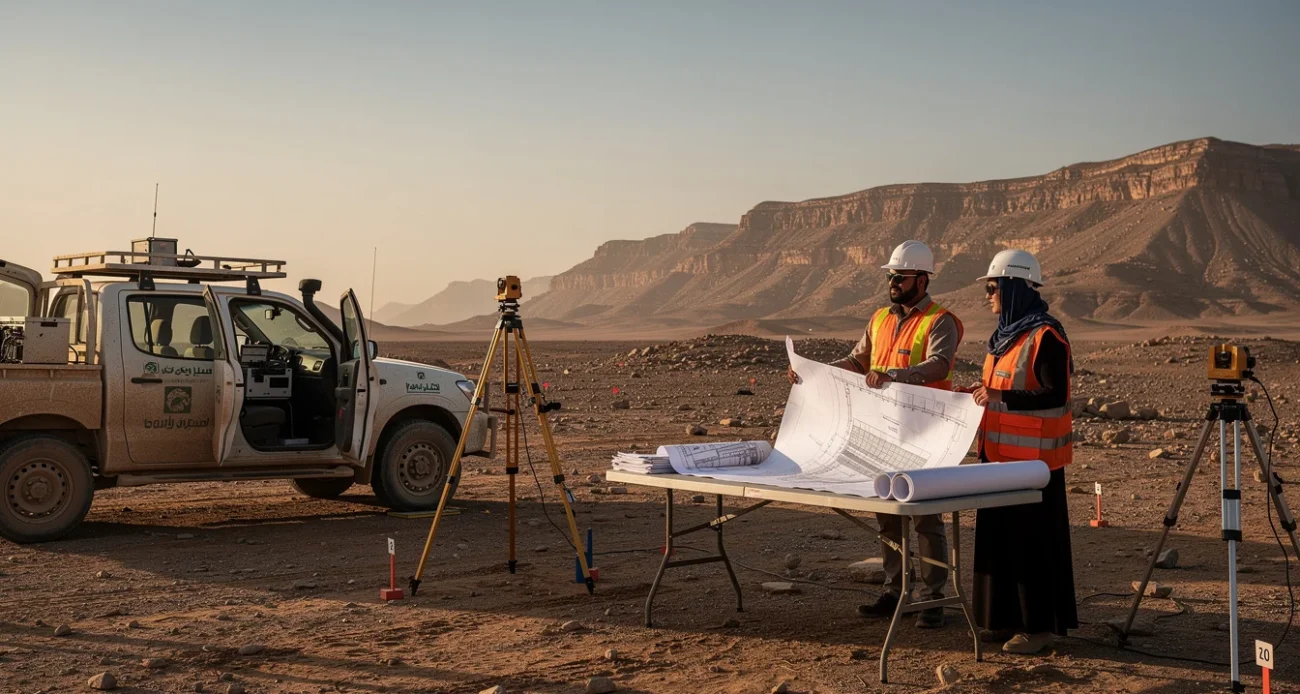An illustrative editorial photograph in Saudi Arabia’s northwestern desert: two infrastructure surveyors beside a folding table.