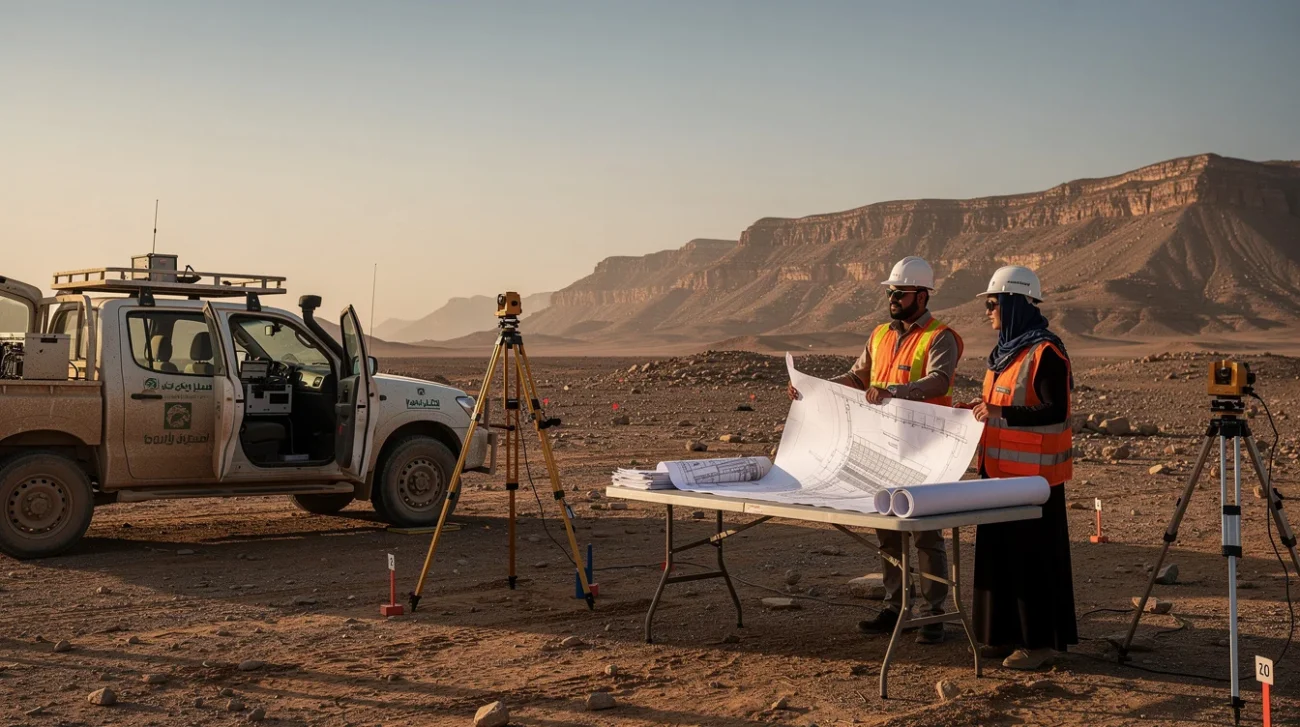 An illustrative editorial photograph in Saudi Arabia’s northwestern desert: two infrastructure surveyors beside a folding table.