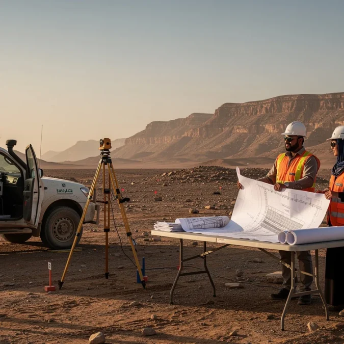 An illustrative editorial photograph in Saudi Arabia’s northwestern desert: two infrastructure surveyors beside a folding table.