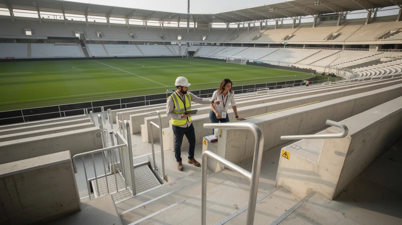 An editorial photograph inside an existing football stadium in Saudi Arabia, showing a facilities engineer.