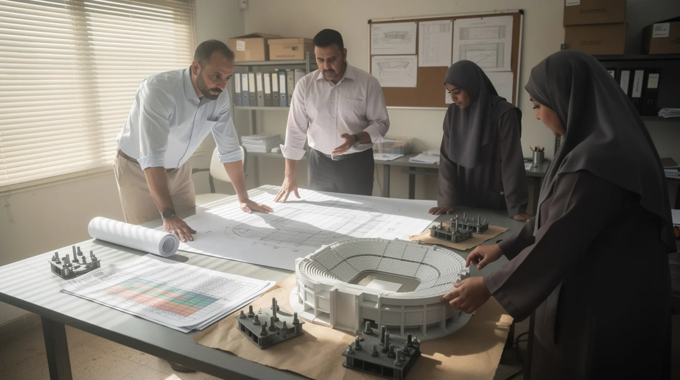 An illustrative editorial photograph of a project review meeting in a modest Saudi Arabian engineering office..
