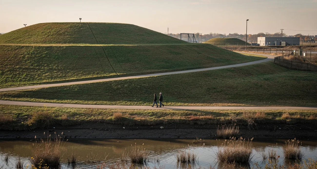 Editorial photograph of reclaimed landfill terrain on the western shore of Staten Island, New York: enormous.