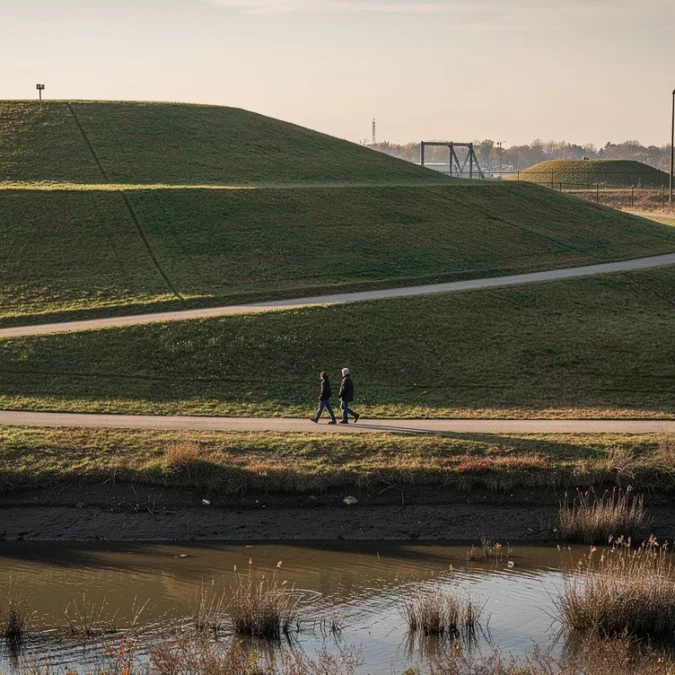 Editorial photograph of reclaimed landfill terrain on the western shore of Staten Island, New York: enormous.